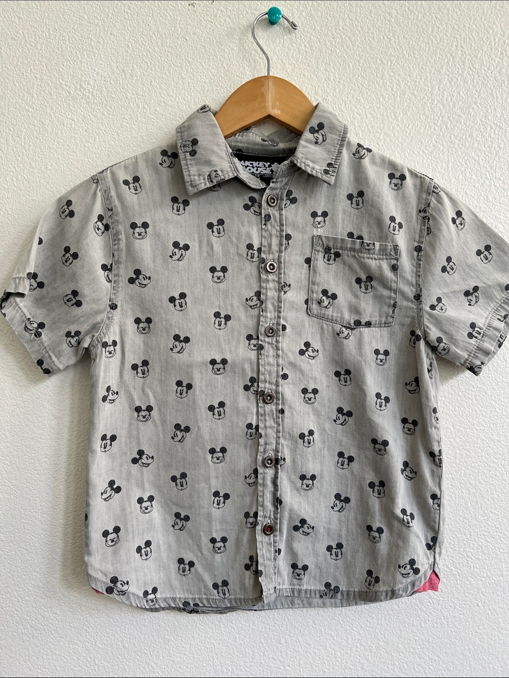 Retro Sketch MICKEY MOUSE Button Up SS Shirt Grey/Black/Red Boys 7/8